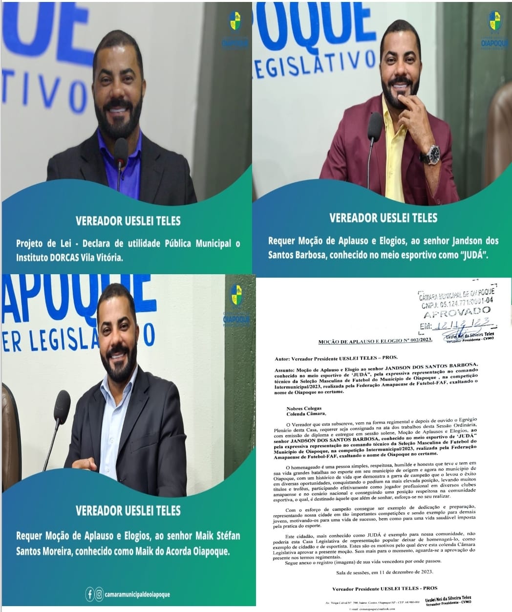 APROVADO PROJETO DE LEI E MOÇÕES. Na 34ª Sessão Ordinária Deliberativa, realizada nesta terça-feira (12/12), foi votado na plenária da Câmara Municipal,  o Projeto de Lei  n° 003/2023 de autoria do Vereador Ueslei Teles.