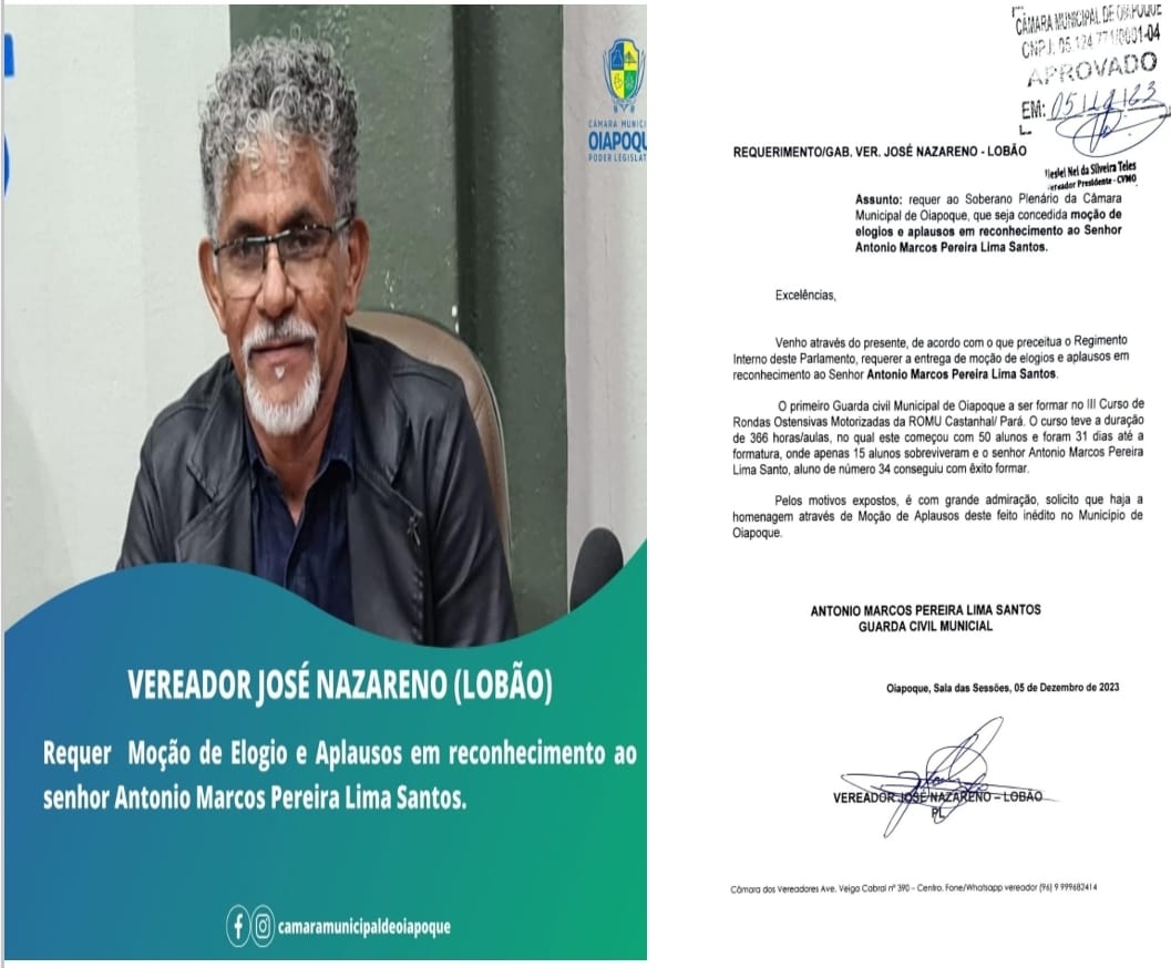 MOÇÃO DE ELOGIOS E APLAUSOS.  Na 33ª Sessão Ordinária Deliberativa, realizada nesta terça-feira (05/12), o Vereador José Nazareno (Lobão),  realizou o pedido da seguinte moção de Elogios e Aplausos: