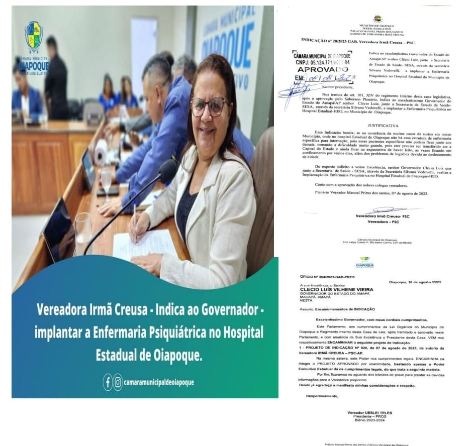 Na 19ª Sessão Ordinária Deliberativa, realizada nesta terça-feira (08/08), a Vereadora Irmã Creusa apresentou a seguinte indicação: