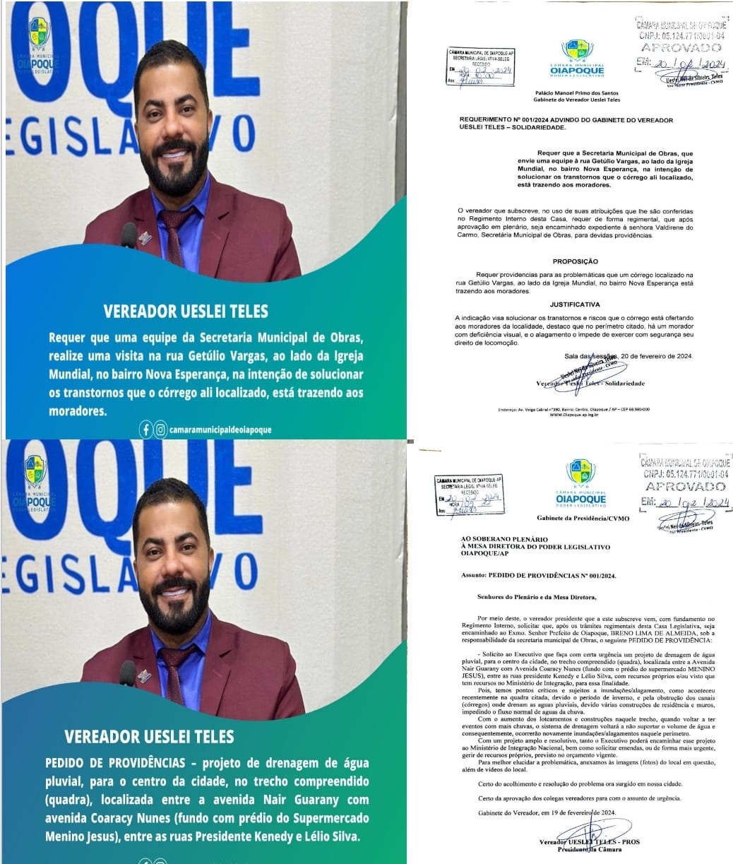 REQUERIMENTO E PEDIDO DE PROVIDÊNCIAS.  Na 1ª Sessão Ordinária Deliberativa de 2024, realizada nesta terça-feira (20/02), o Vereador Ueslei Teles, apresentou na plenária da Câmara Municipal, (1) requerimentos e (1) pedido de providências.