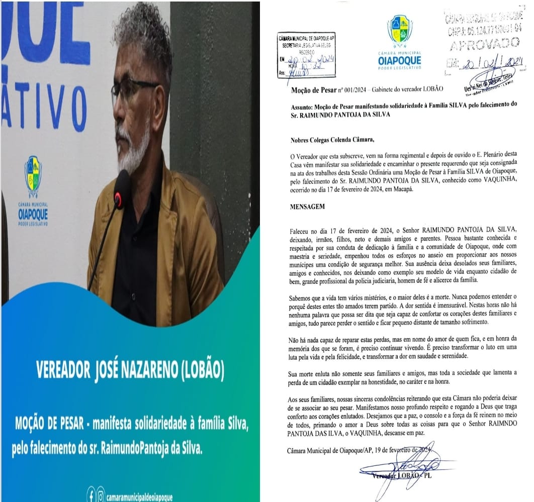 REQUERIMENTO - MOÇÃO DE PESAR  Na 1ª Sessão Ordinária Deliberativa de 2024, realizada nesta terça-feira (20/02), o Vereador José Nazareno Rodrigues (Lobão) apresentou um requerimento de Moção de Pesar. 